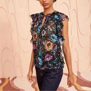 Ulla Johnson Dominique Black Sheer Floral Print Ruffle-Sleeve Blouse Multi size